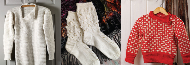 Three projects from the Jan/Feb 2015 Piecework . My sweater is the red one on the right.