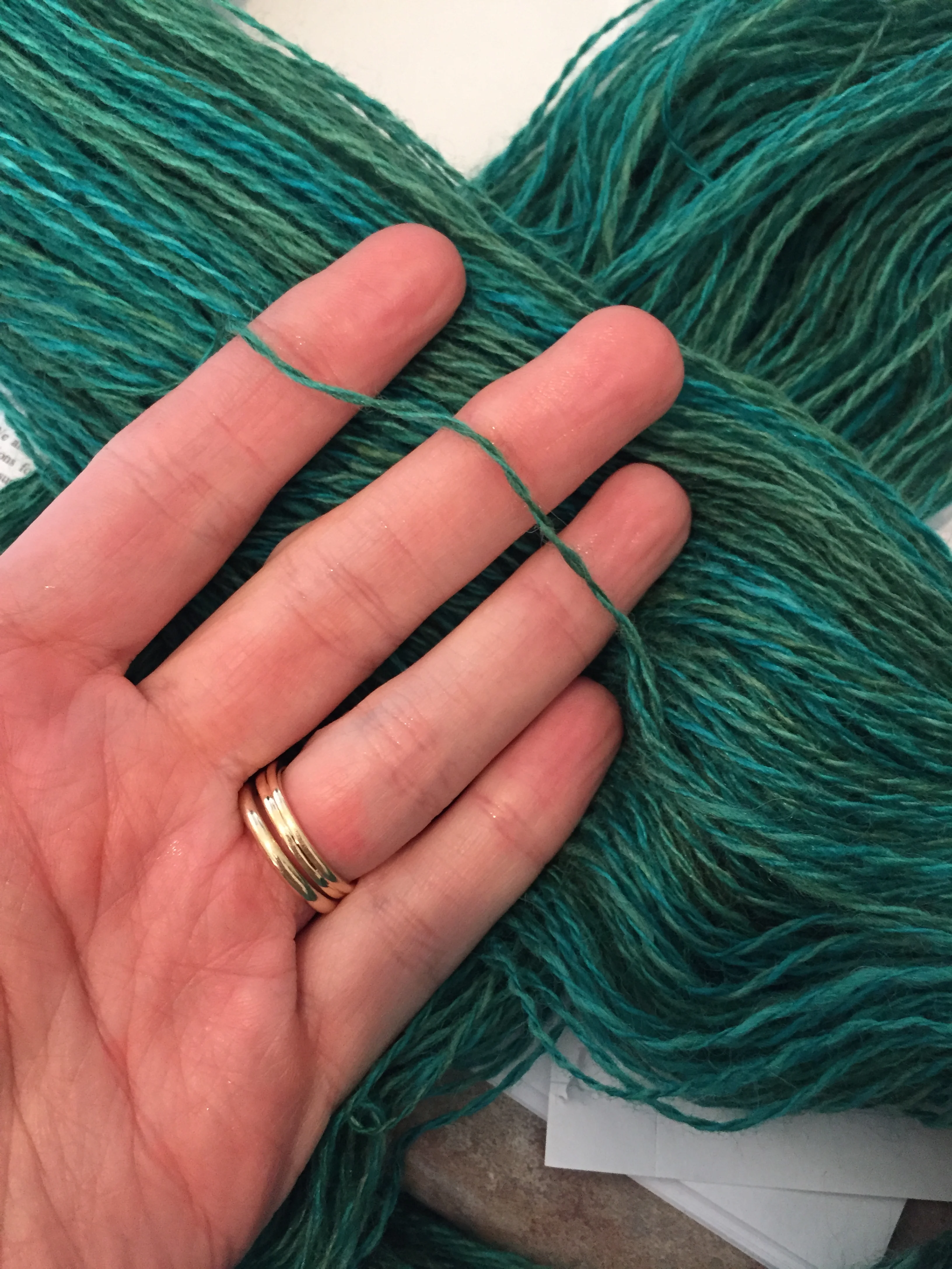 finished, washed yarn. Unfortunately, the color bled quite a bit!