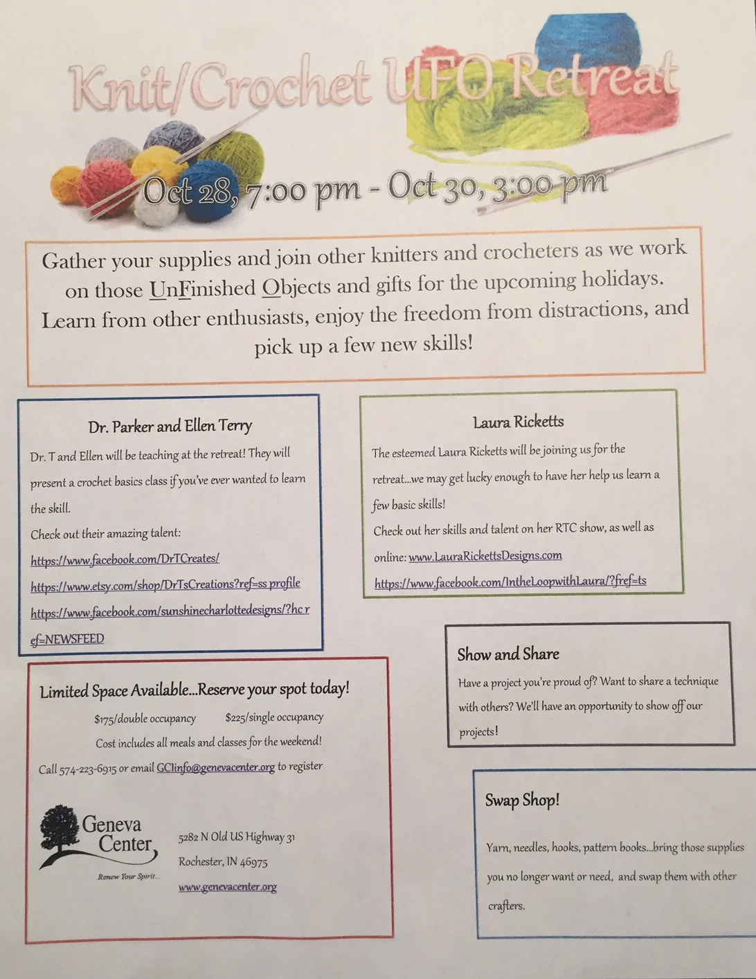 It's bound to be lots of fun. Please, consider coming to this and leaving the food and clean-up to the great folks at Geneva Center! Bring holiday gifting projects, or just ideas and yarn, and we'll tackle them together!
