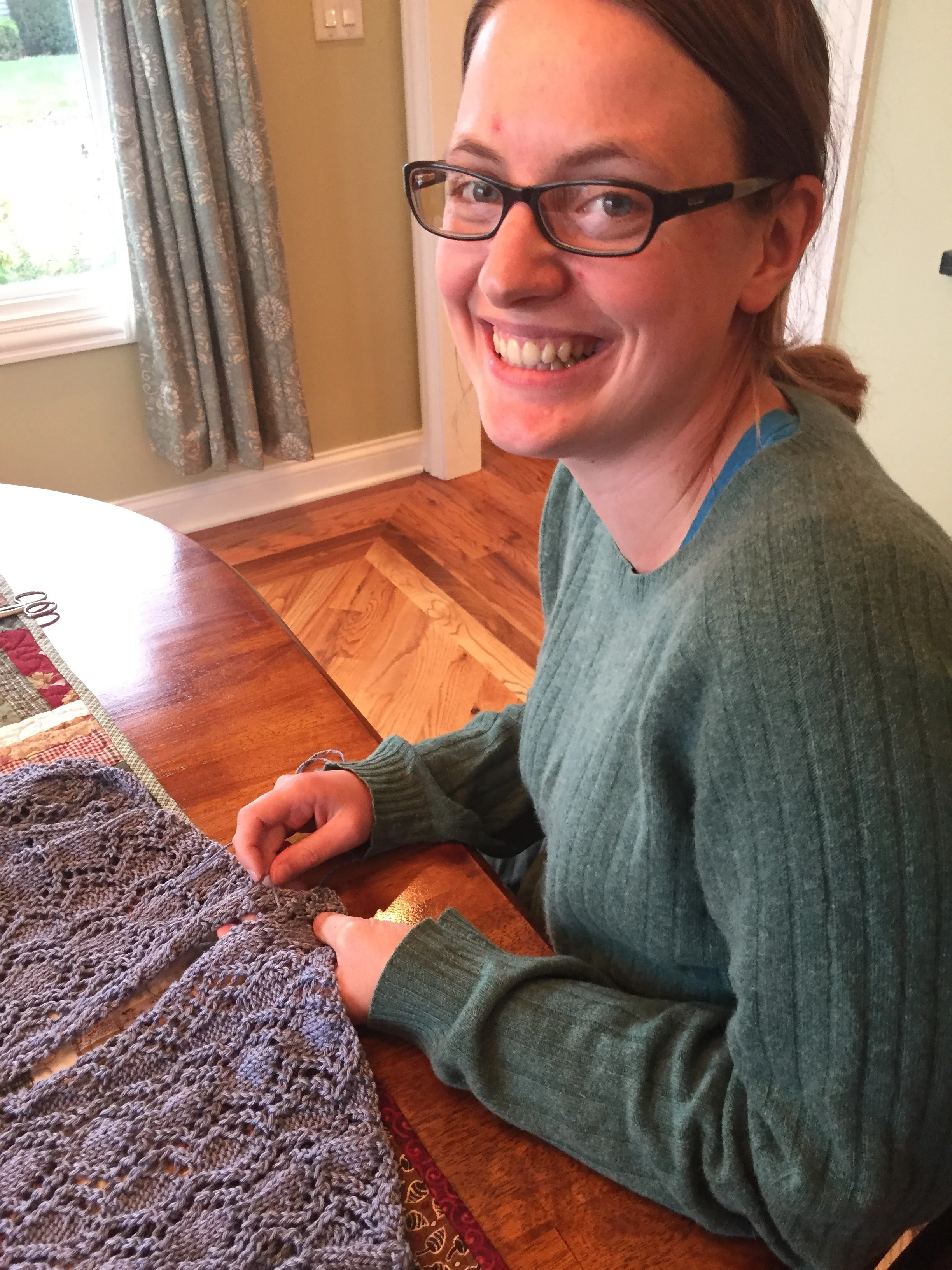 Audrey pieces together her FIRST KNITTING PROJECT. That's right: a lace, long-sleeved tunic!