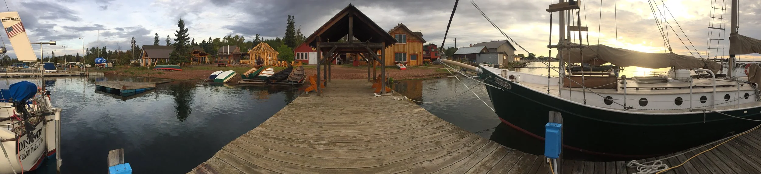 panoramic view of North House grounds from their dock, early morning