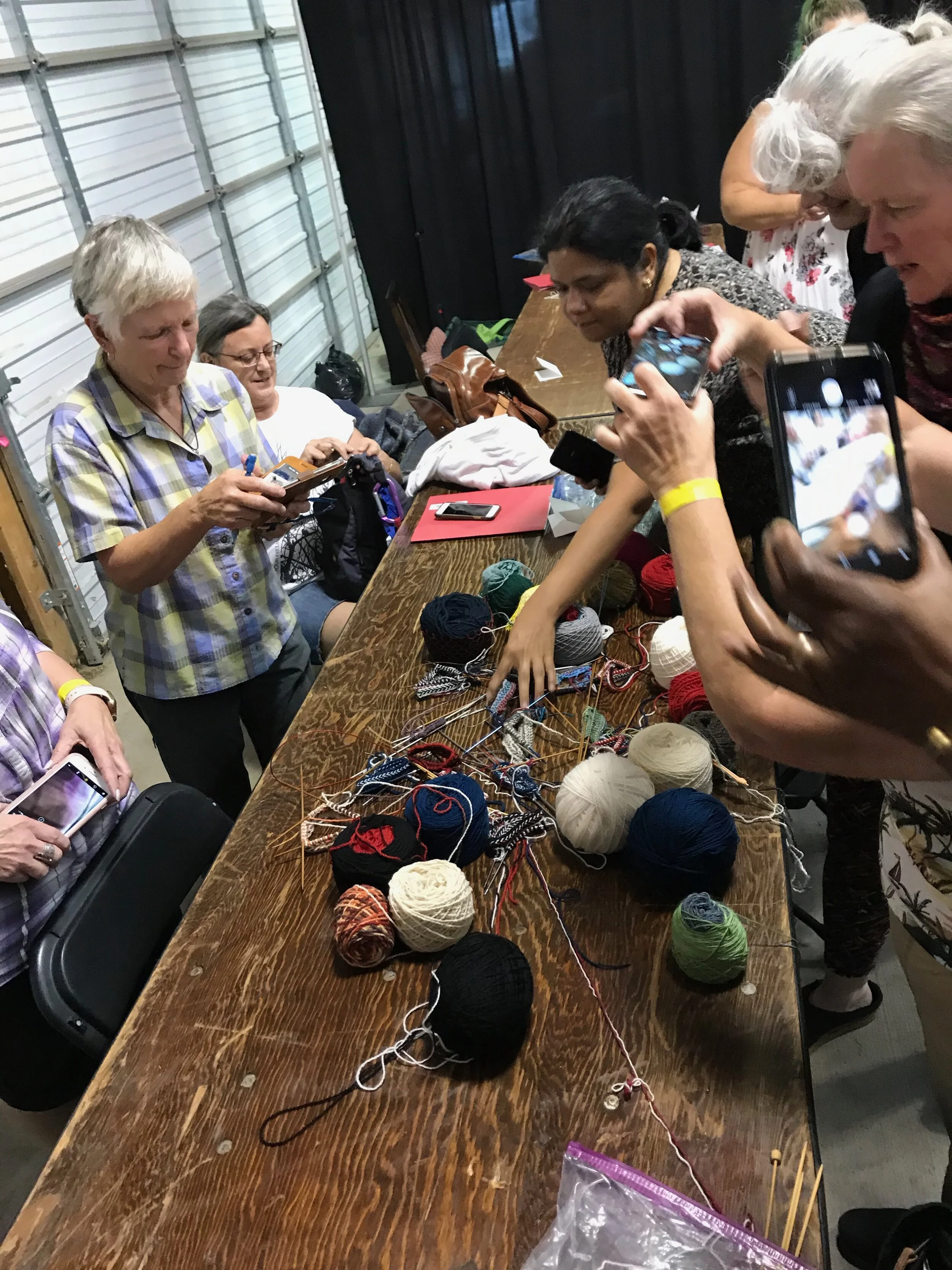 Twined knitting samplers with the students