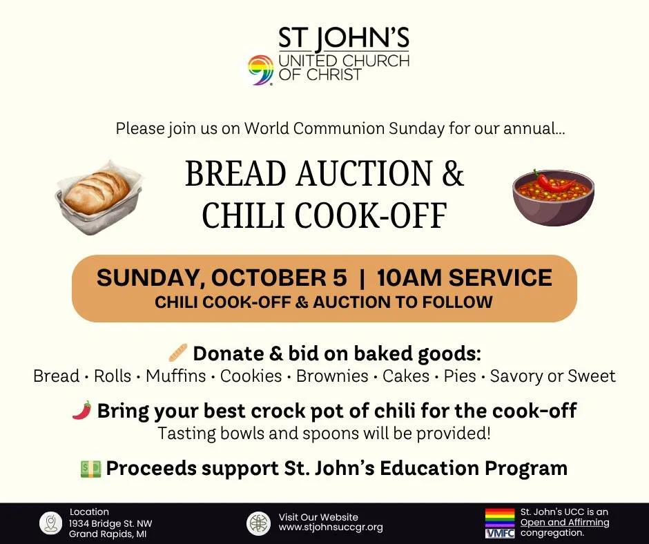 🌍🍞 World Communion Sunday at St. John&rsquo;s
Every year on World Communion Sunday, we celebrate with our Annual Bread Auction &amp; Chili Cook-Off! Join us this year on Sunday, October 5 after service in Fellowship Hall for one of our favorite day
