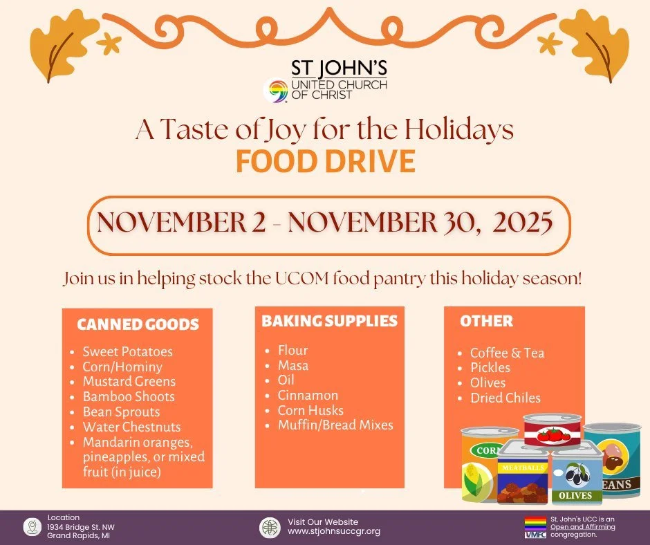 A Taste of Joy for the Holidays 🍽️✨

This holiday season, let&rsquo;s come together to share A Taste of Joy!
From now through November 30, St. John&rsquo;s is collecting holiday food items for the UCOM Food Pantry to help local families celebrate wi