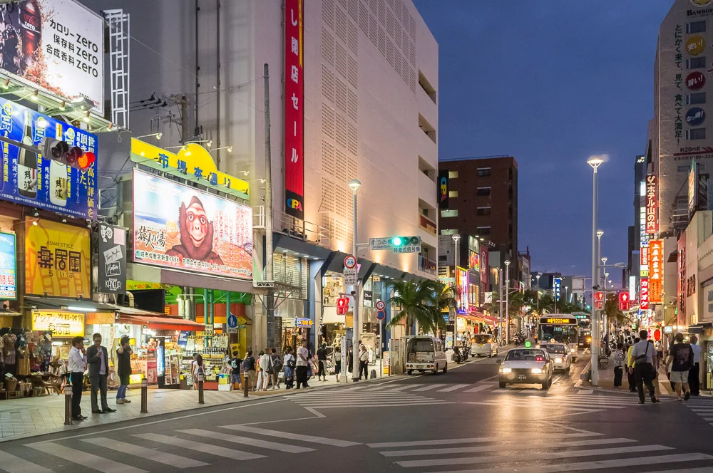 Naha at Night at the corner of Starbucks on Kokusai Street. - Okinawa, Japan. - Fuji x100.