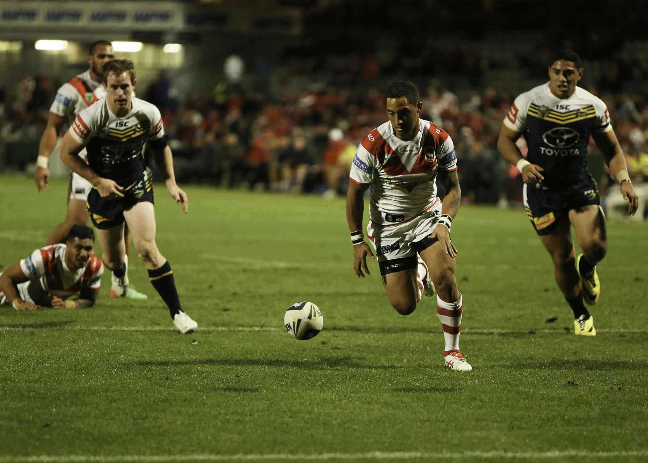 Benji Marshall cleaning up in the in goal after the Cowboys put in a pressuring grubber kick