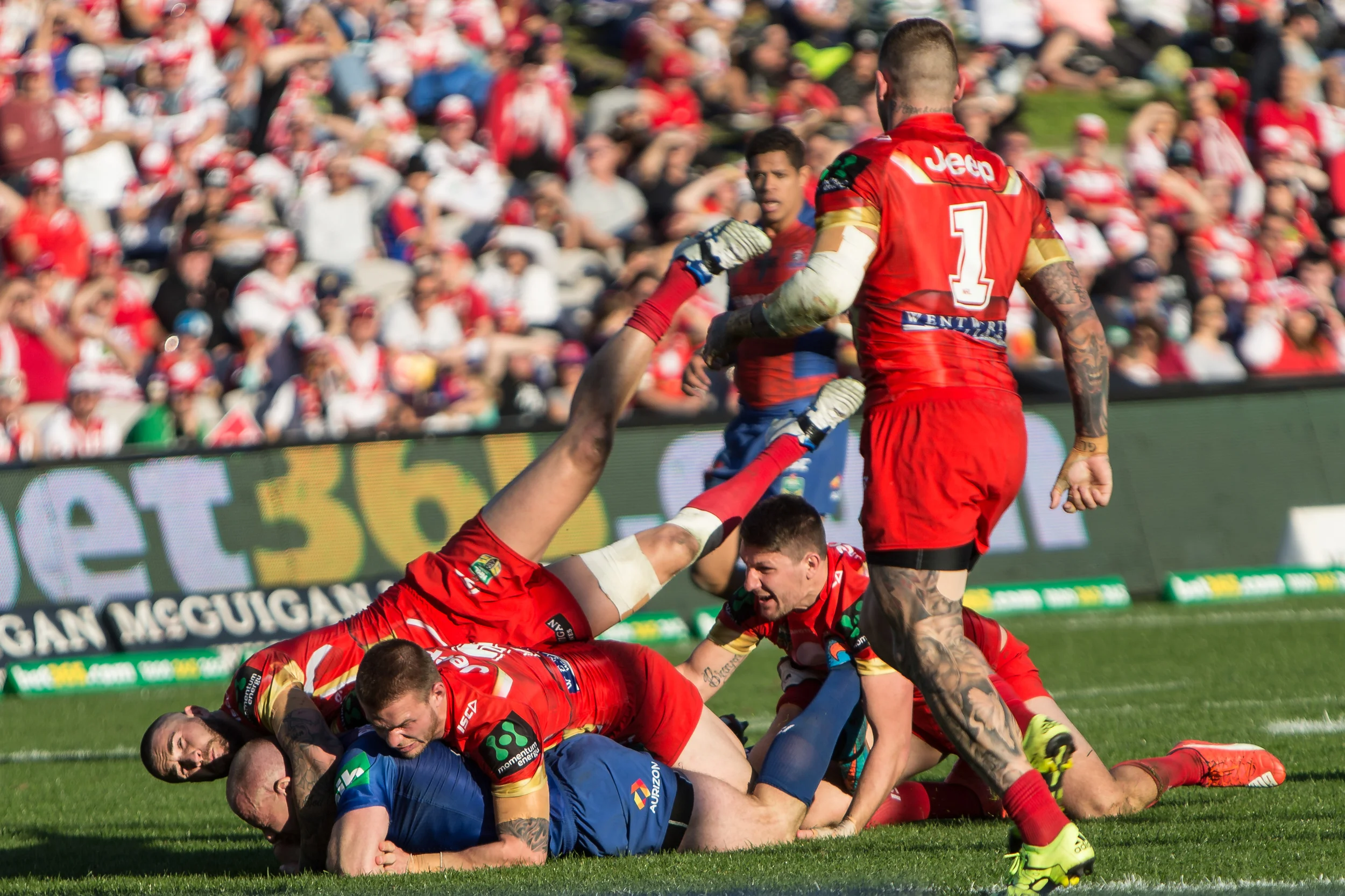 That's a bit awkward, Thompson, Aitken and Widdop all want a piece of it and Dugan watches on