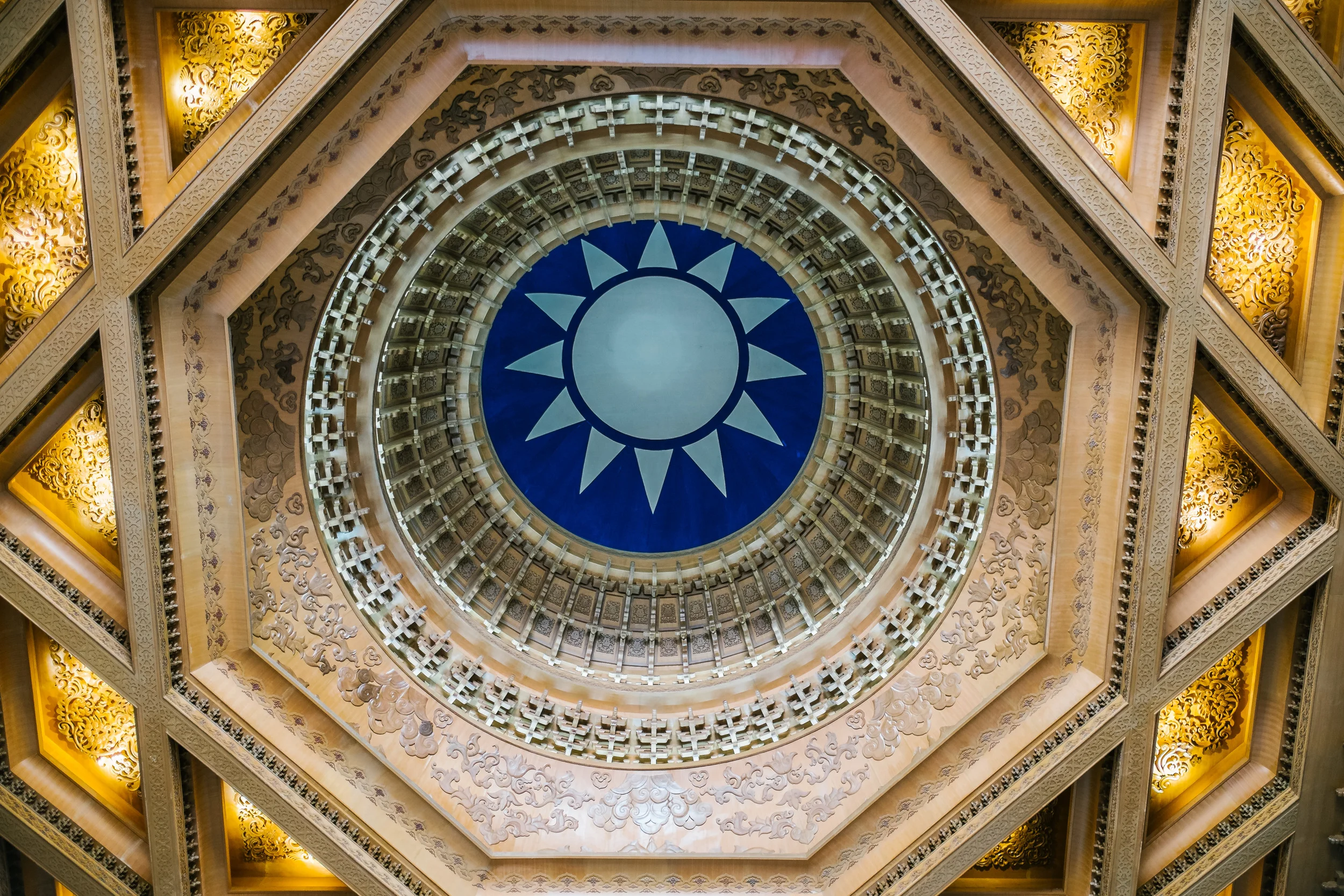 Detailed golden ceiling in the main hall of the memorial