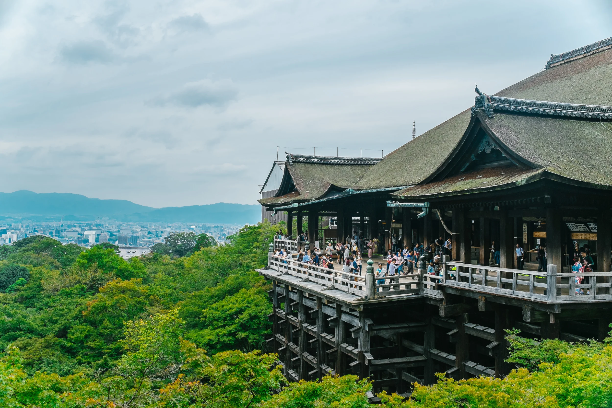 Kiyomizu-dera. The balcony structure is pretty amazing. Trust me its not flat and it kind of leans. It is not a pleasant feeling not one for the faint hearted to stand on the edge. Japan engineering!