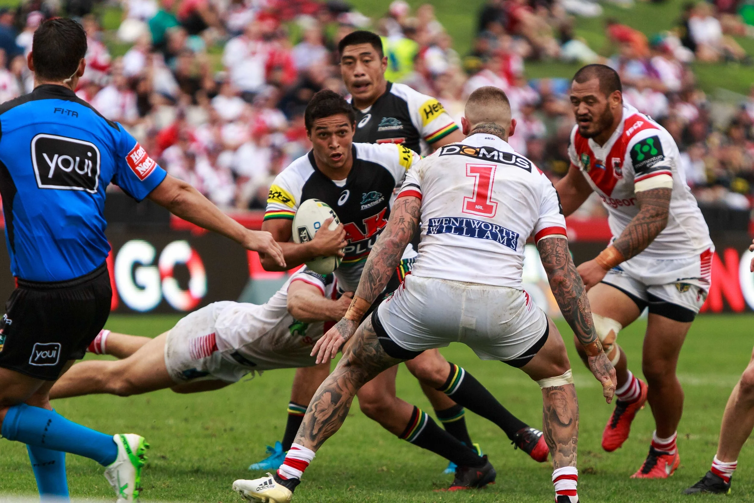 Te Maire Martin tries to spark up his side. Running in to traffic close to the line