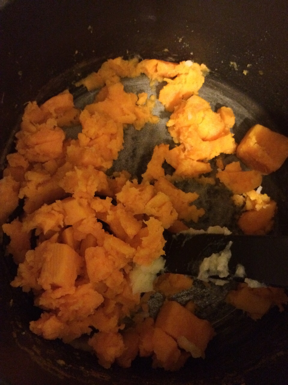 Peel and chop two sweet potatoes then gently boil until soft and mash with coconut oil