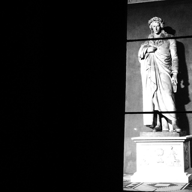 nighttime at the museum, glimpsed through the window - #Thorvaldsenmuseum #copenhagen #blackandwhite #sculpture #art #classical #vscocam