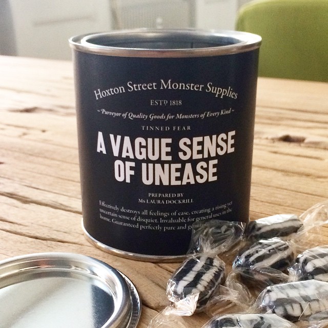 Look what @katrinagm brought back with her from London "a vague sense of unease" - #ministryofstories #hoxtonmonstersupplies #sweets #design #typography #packaging