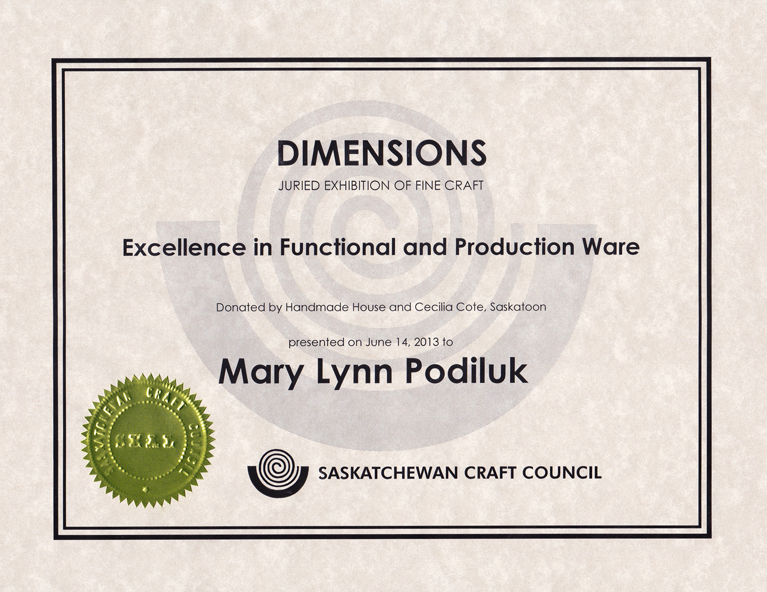  Award for Excellence in Functional &amp; Production Ware, 30th Biennial&nbsp; Dimensions &nbsp;Exhibition, Saskatchewan Crafts Council, SK 