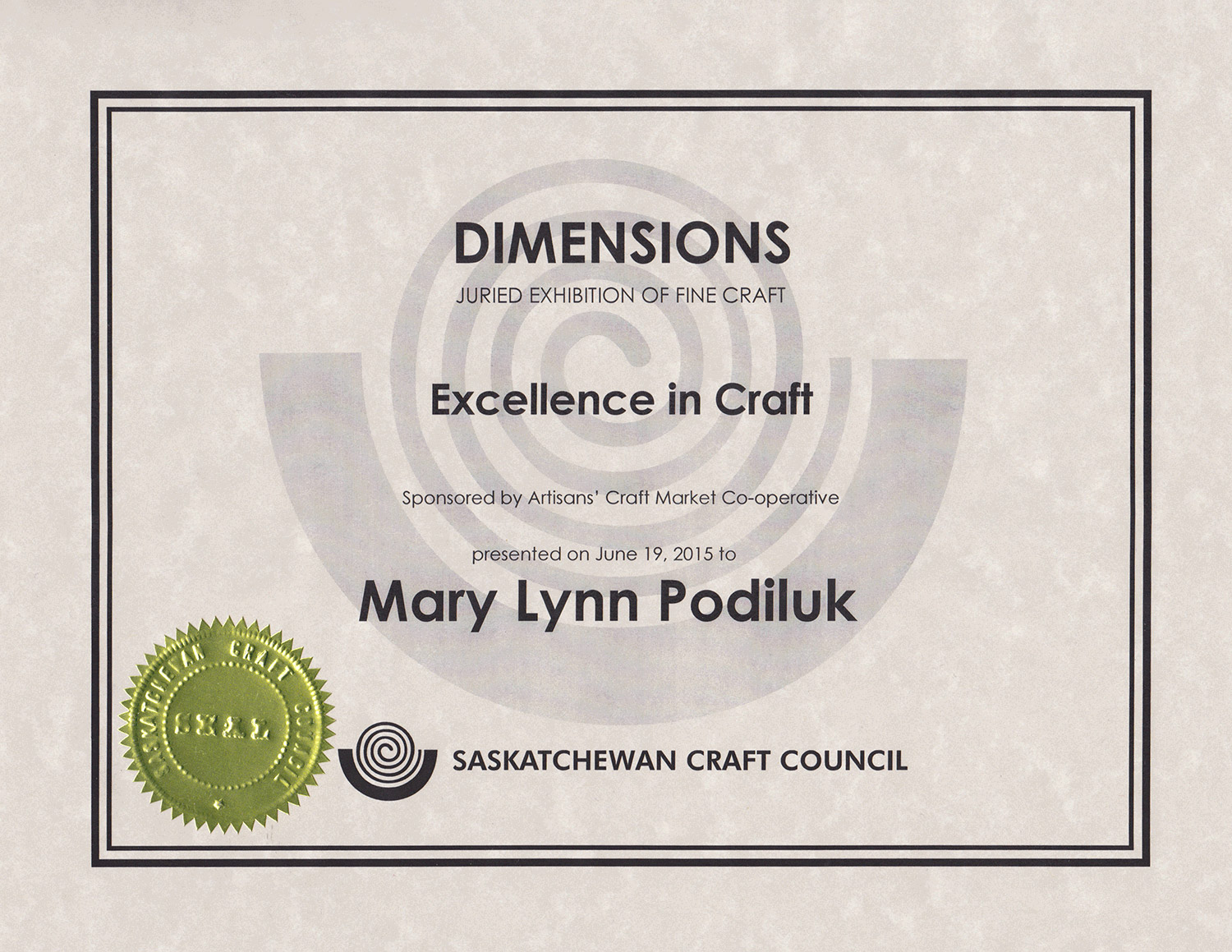  Award for Excellence in Fine Craft, 31st Biennial&nbsp;  Dimensions  &nbsp;Exhibition, Saskatchewan Crafts Council, SK 