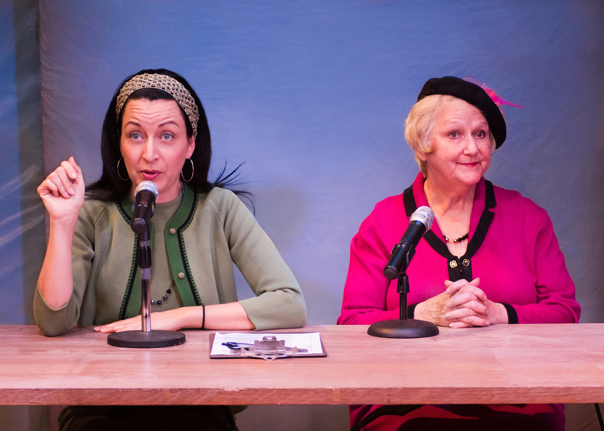 Nancy French, Loralee Windsor. Scenic design by Devin Kasper, costume design by Jorge R. Hernandez, lighting design by Virginia Herbert, sound design by Sara Witsch, prop design by Daniel Yelen. Photo by Lois Tema