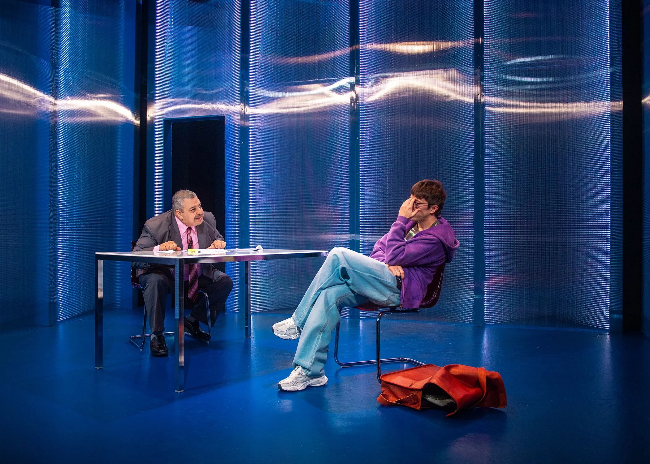   Richard Perez, Nicholas Renee Rodriguez.   Scenic Design by Maya Linke  Lighting and Projection Design by Spense Matubang  Costume Design by Alice Ruiz  Sound Design by Chris Sauceda  Photograph by Lois Tema. 