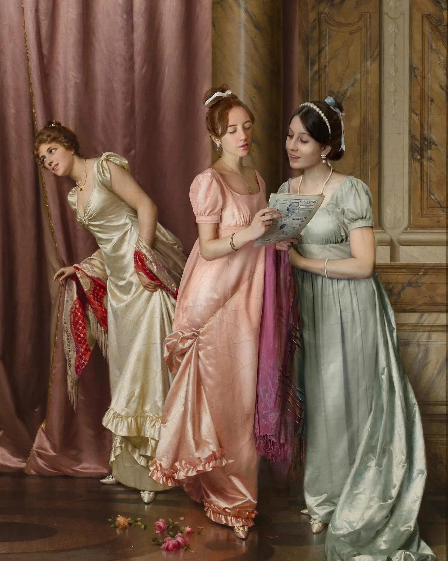 an illicit letter, reggianini 1800s 💎 ⁣
⁣
I am SO EXCITED to share this with you! Since @adelicate_ and I have been loving all things regency at the moment, but due to lockdown we can&rsquo;t meet up and wear our dresses together... we decided to set up and meet up in the middle of a Reggianini painting instead.⁣
⁣
8hrs to sew my dress⁣
30 min to shoot our pics⁣
2hrs in @photoshop ⭐️