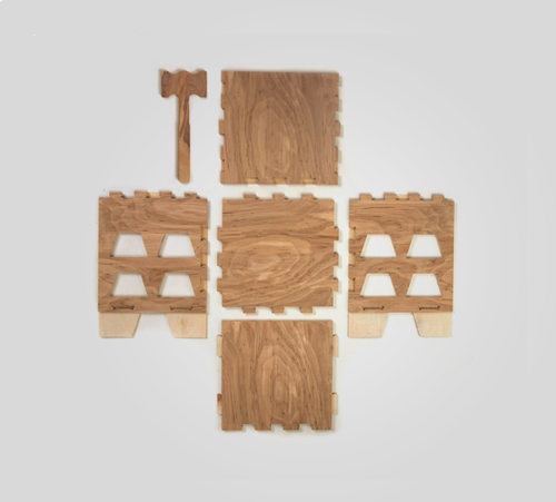 Once assembled, the Units function as a storage system when stacked and stools when unstacked.