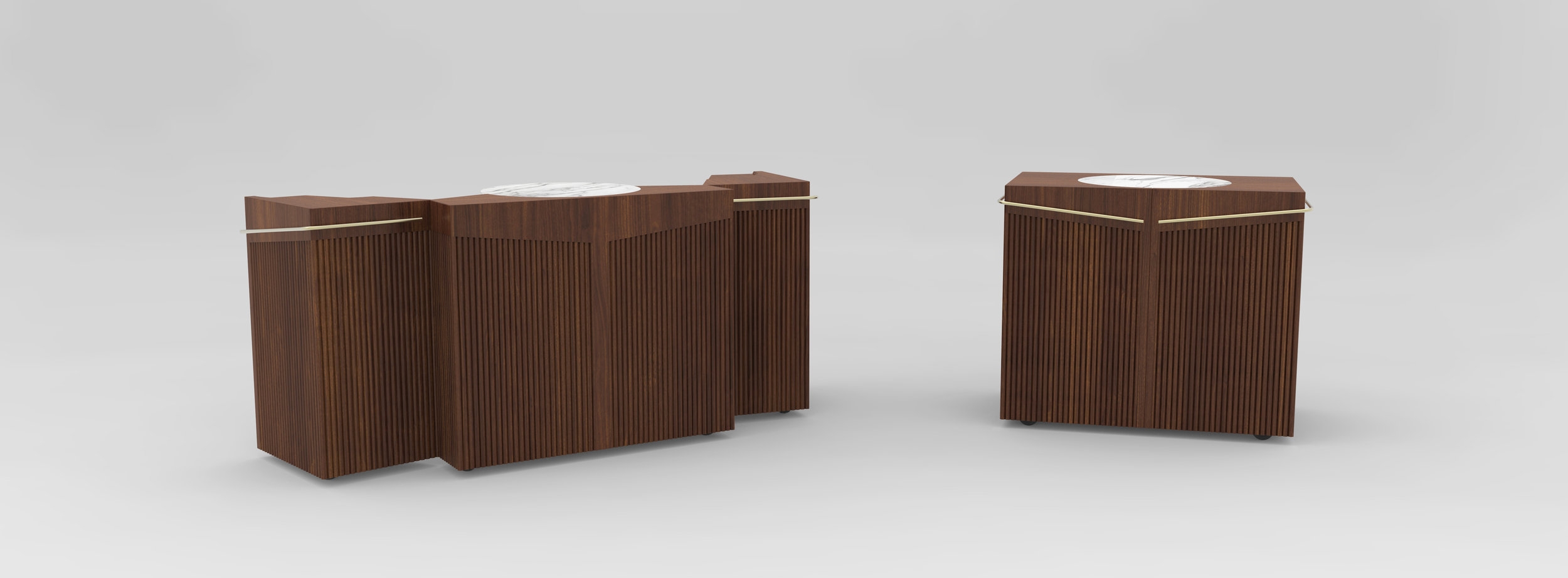 — 1 two foot marble cutting board. — 3 tiered marble lazy-susan. — 2 bins for crushed and cubed ice. — 2 red pegboard doors with storage behind. — 3 shelves — 9 brass pegs with leather loops for your bar tools.