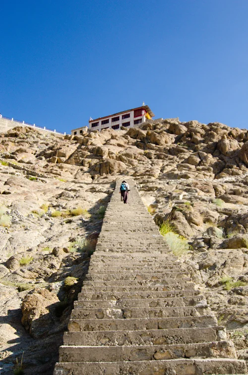 The ladder-like stairs leading to Shanti Stupa