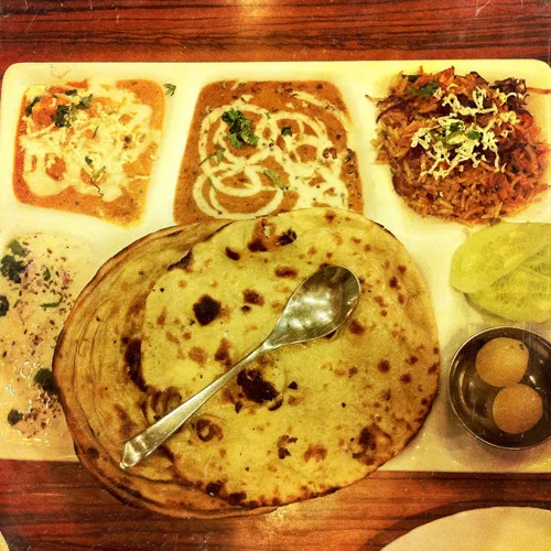 Thali at a delightfully air-conditioned restaurant off Main Bazaar