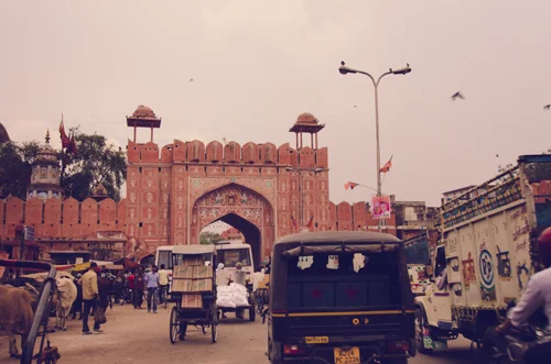The pink walls and gate leading in to the 'old city' of Jaipur