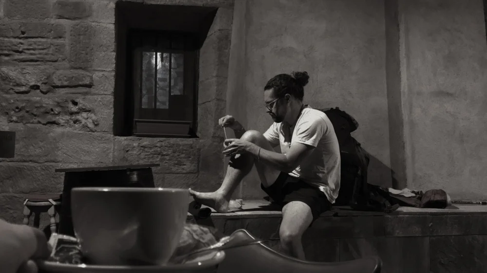 Ben wrapping his toes in the morning before leaving Navarrete - day 10