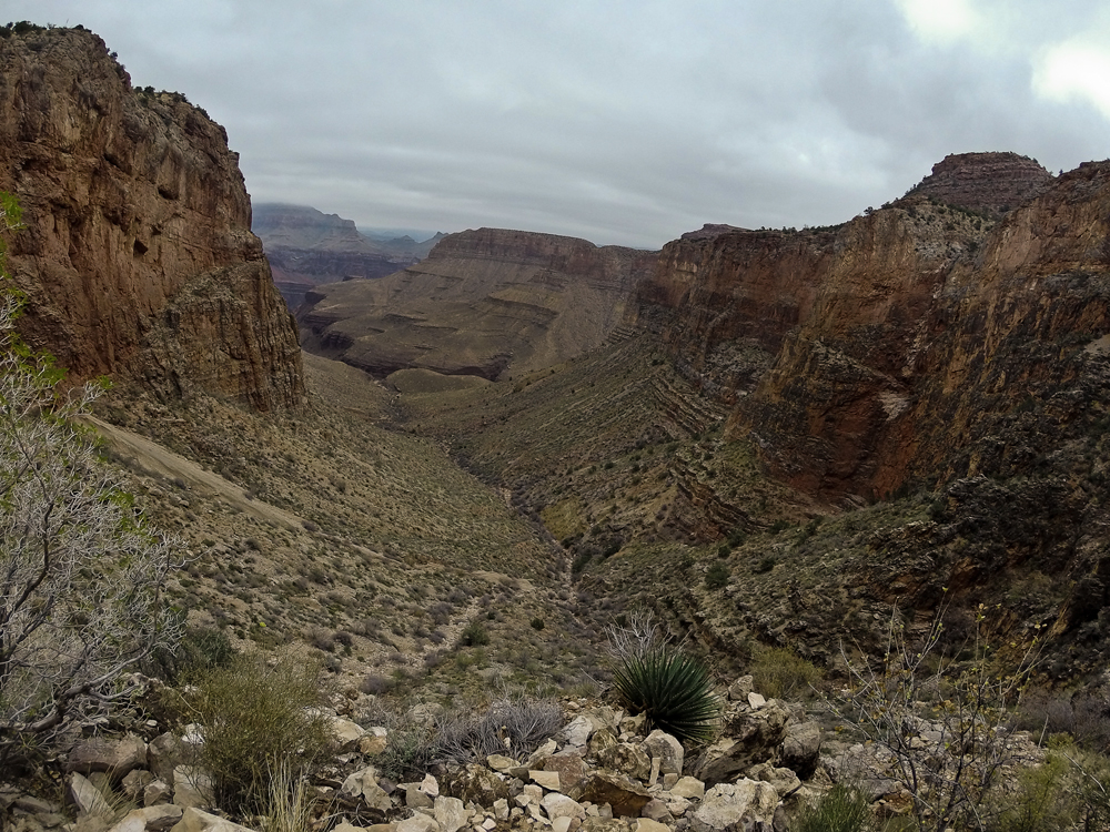 Heavy fog east of Horseshoe Mesa, Hance Canyon in distance. About 3.5 miles from the rim.