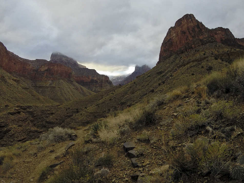 Sunrise, day 2. View of South Rim from western side of Hance Canyon.