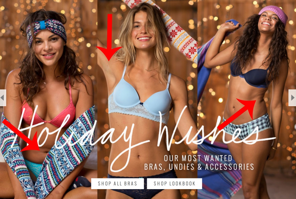Some of the things retouching in campaigns will typically do away with - a little belly, armpits and the natural crease around the waist/hip area, all left in as part of the campaign to feature no retouching