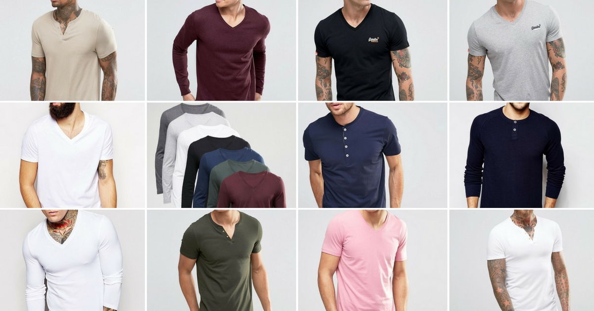 Earth tones, v-neck, grandfather neck, short sleeve, long sleeve... this is the basic start to a great headshot look - Bring it! Images found on ASOS.com