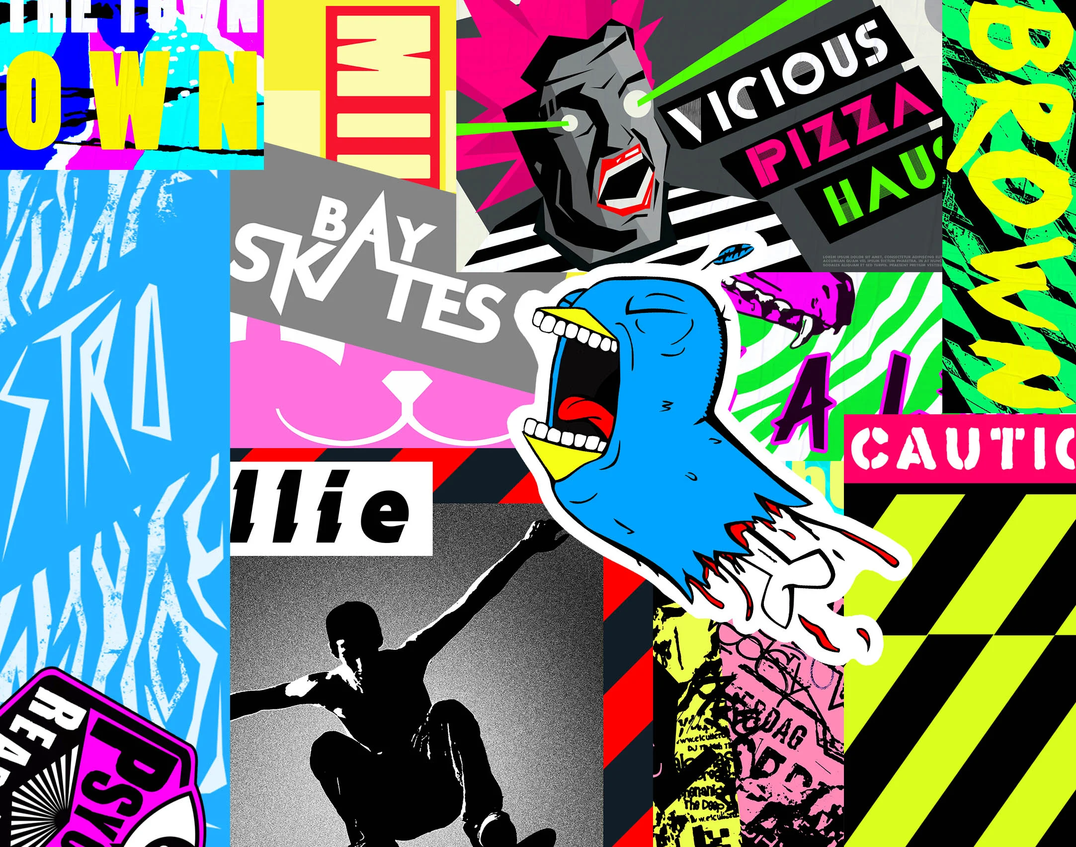  Sticker and Graphic montage of various designs used in the spot. 