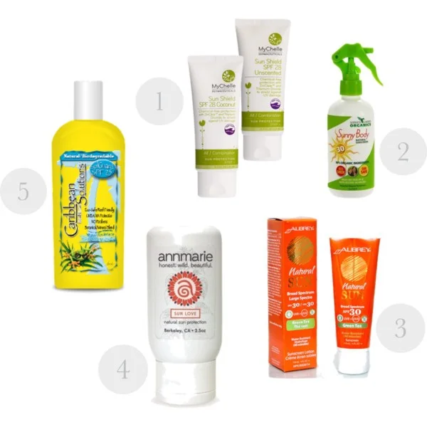 1. MyChelle Dermaceuticals SunShield-Coconut SPF 28 2. Goddess Garden Organics Natural Sunscreen Spray SPF30 3. Aubrey Organics Natural Sun SPF 30 4. Anne Marie Gianni Sun Love - Natural Sun Protection 5. Caribbean Solutions SolGuard SPF 25
