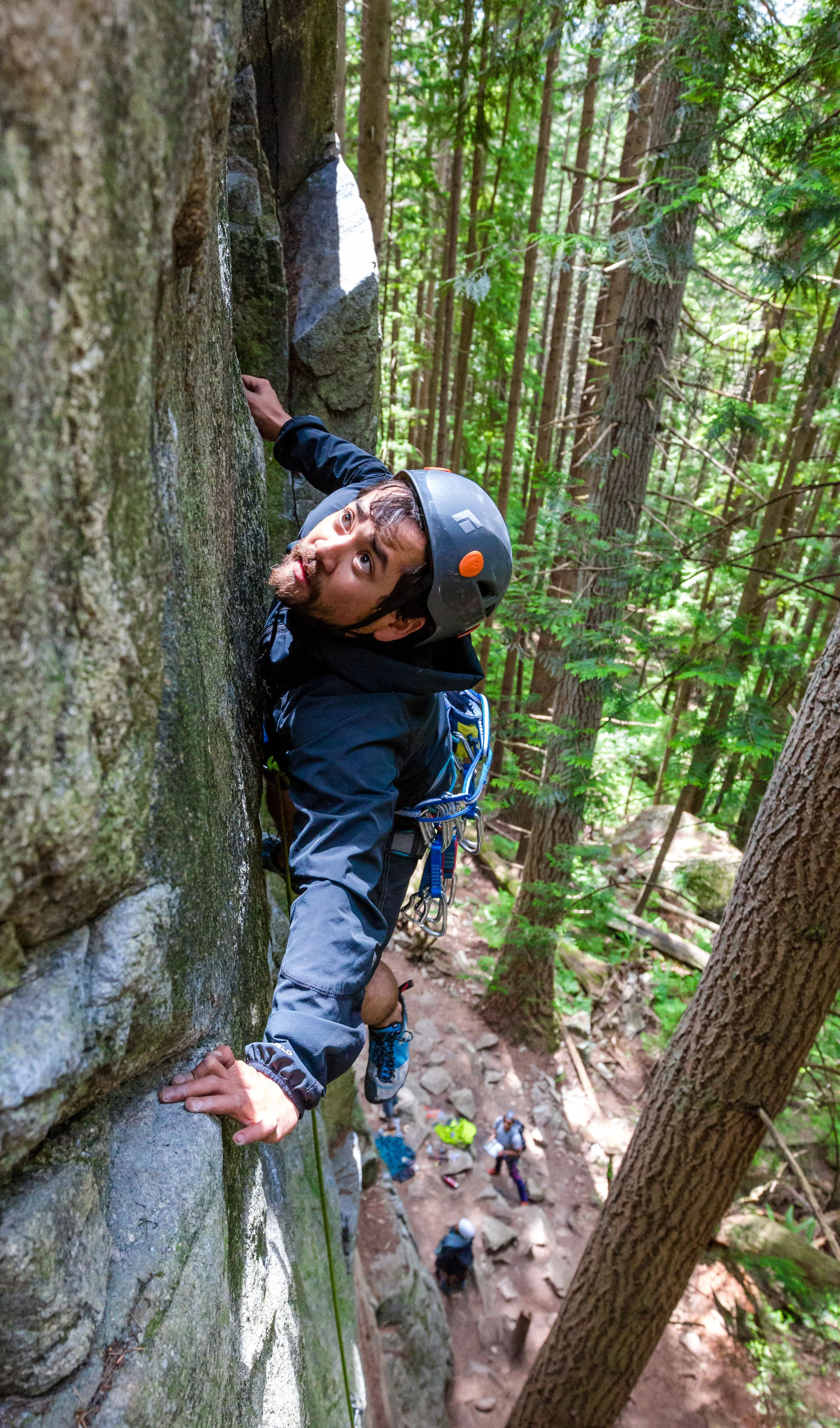 Luca s looking apprehensive as he is about to test the strength of a bolt on Lubo, 5.11. 