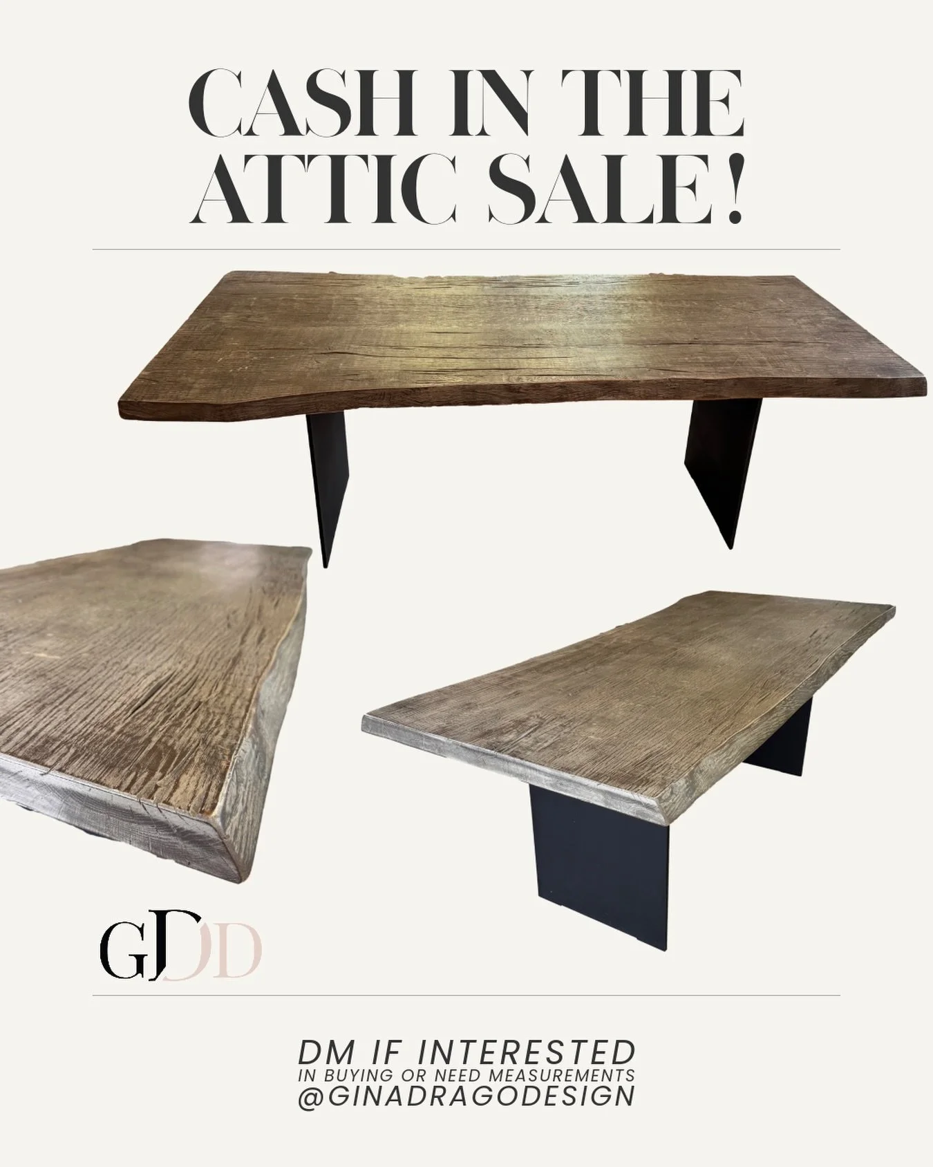RH Russian Reclaimed Grey Oak Live Edge Dinning Table, 37x84x30 in. Retail:$4,000, Sale:$2,000. Pick up only, Selbyville, Delaware at the cottage.