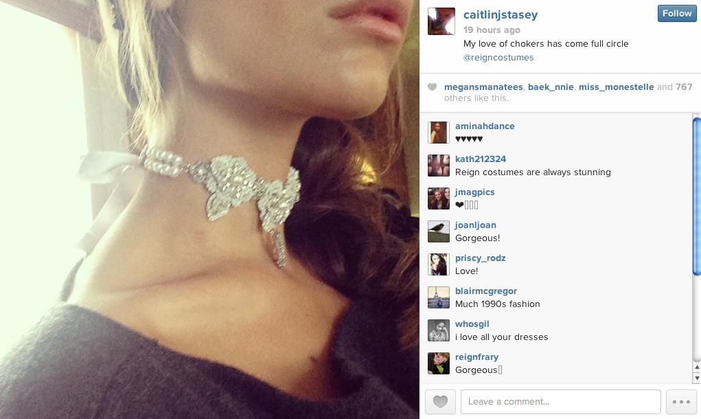  Actress Caitlin Stasey of  Reign &nbsp;wearing an&nbsp;Edera Jewelry "Sonnet" necklace.&nbsp; 