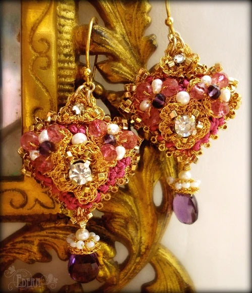 flowering-heart-earrings-hot-pink-silk-gold-lace-amethysts.jpg