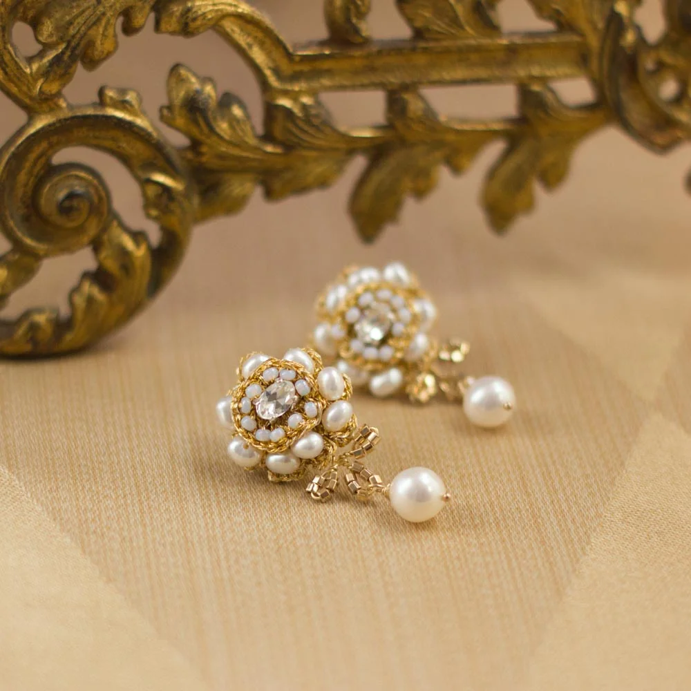 Wedding Pearl Stud Earrings | Gold Lace Bridal Posts