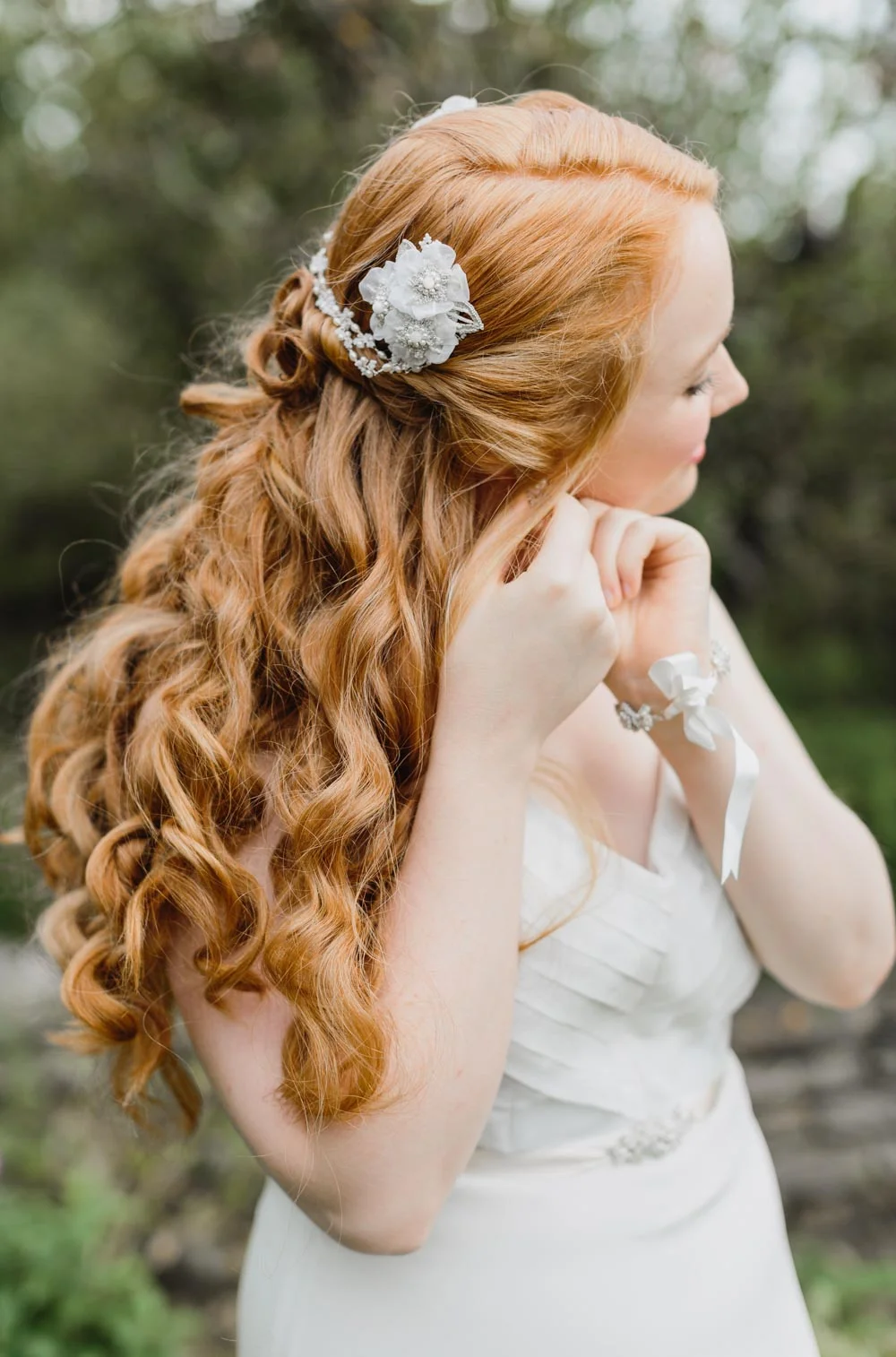 Gardenia Bridal Cuff | Silk Ribbon Tied Wedding Bracelet with Pearls, Crystals, Lace