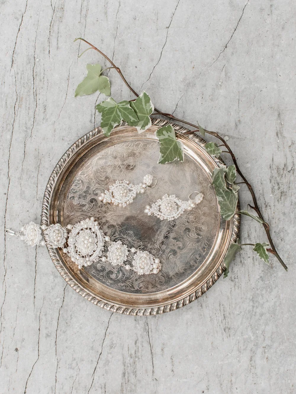 Bridal Cuff Bracelet | Wedding Earrings | Wedding Jewelry Set | Vintage Style, Cream Lace & Pearls