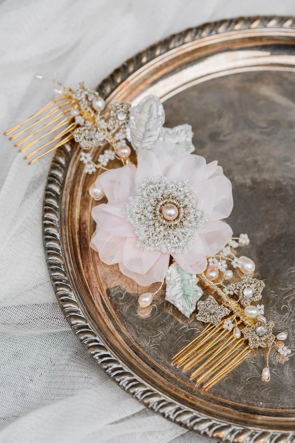 Blush Pink & Gold Wedding Comb | Peony Blossom Bridal Headpiece | Pearl & Crystal Wedding Crown