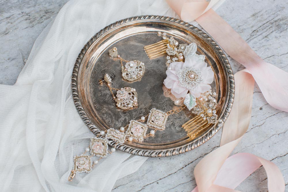   Peony Headpiece, Damask Rose Earrings &amp; Bracelet  