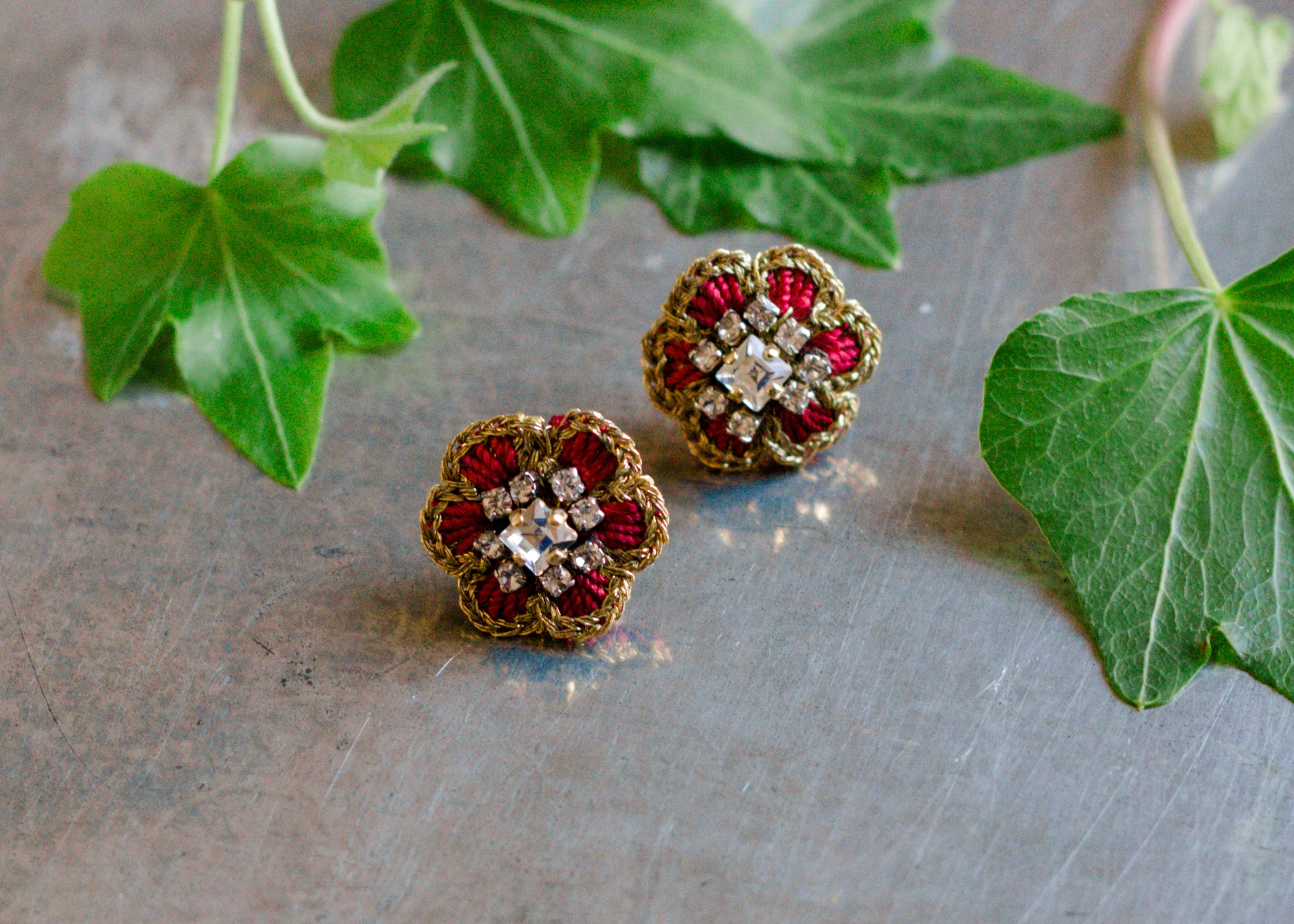 Small Floral Stud Earrings | Red, Gold, Crystal