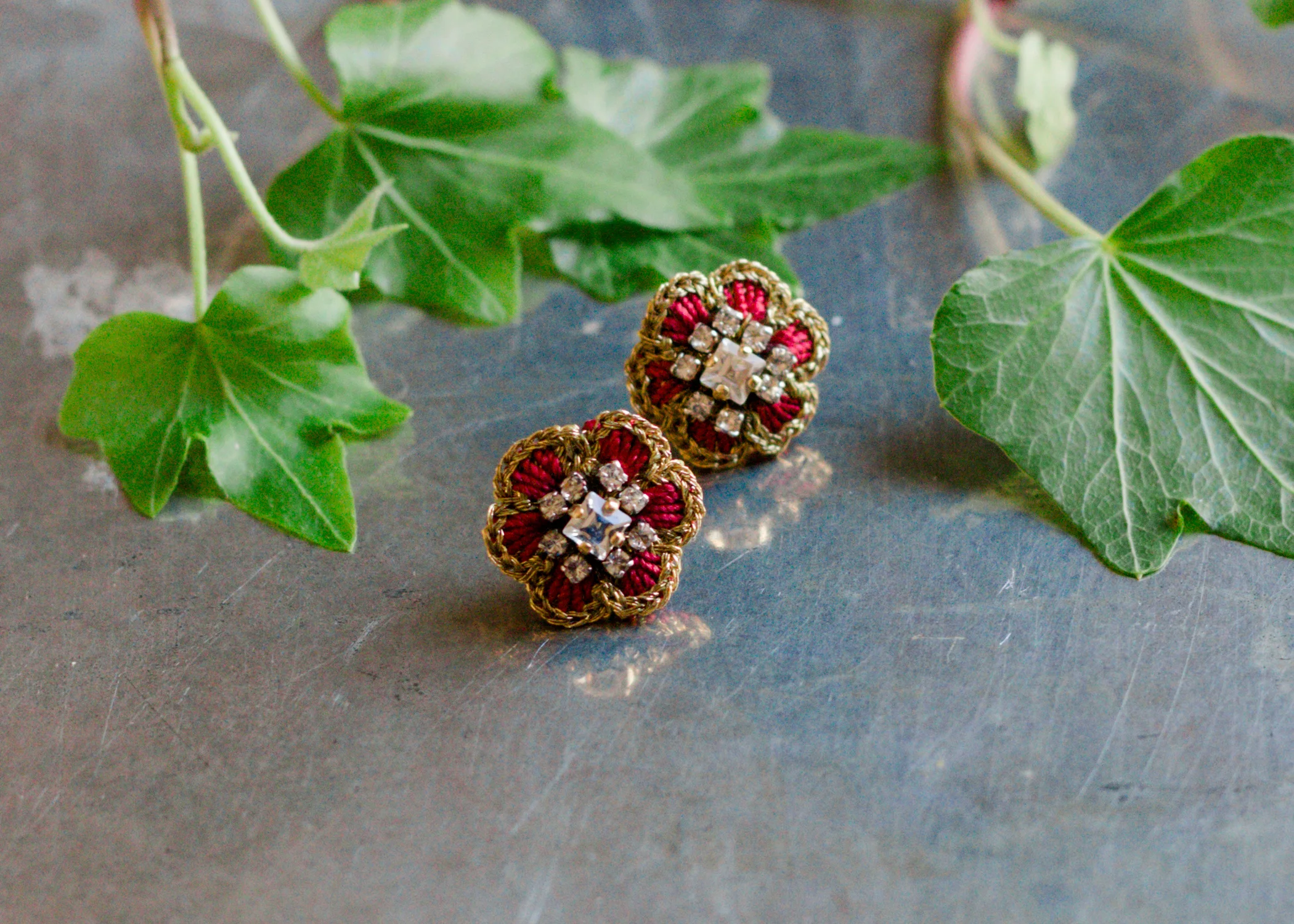 Small Floral Stud Earrings | Red, Gold, Crystal