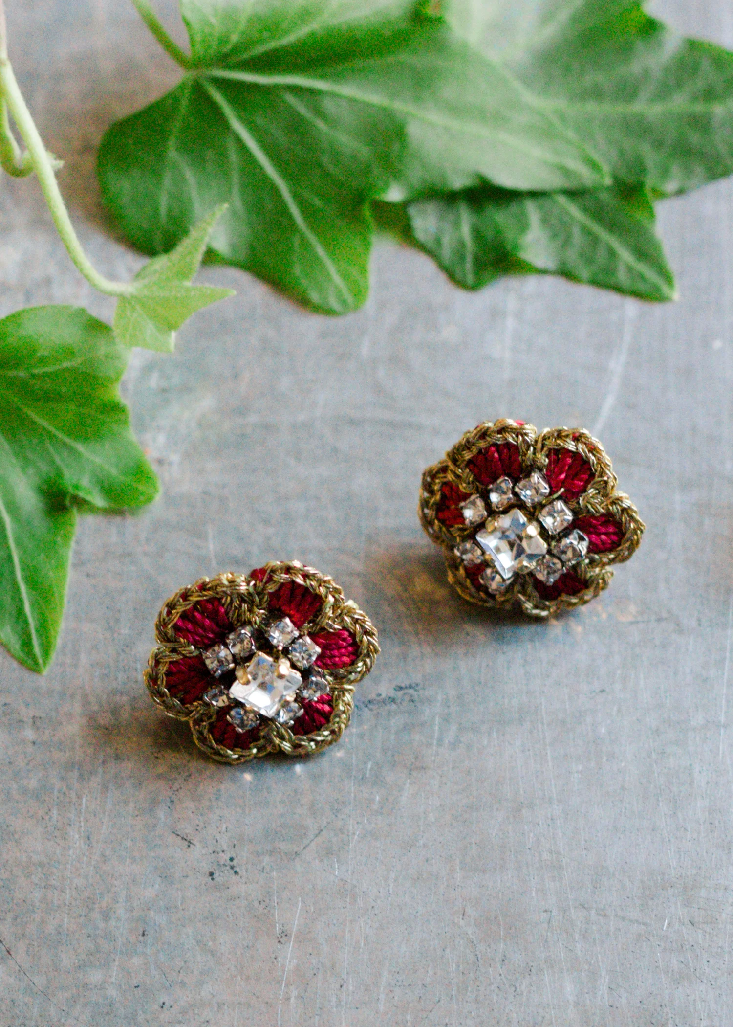 Small Floral Stud Earrings | Red, Gold, Crystal