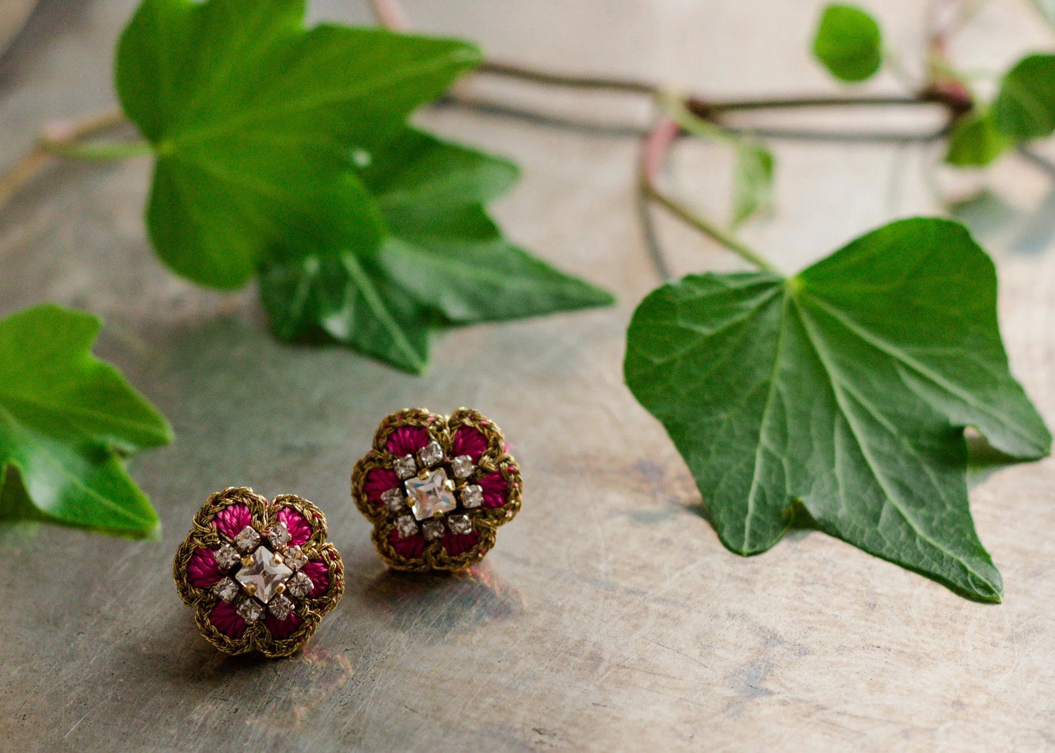 Small Flower Stud Earrings | Fuchsia Pink, Gold