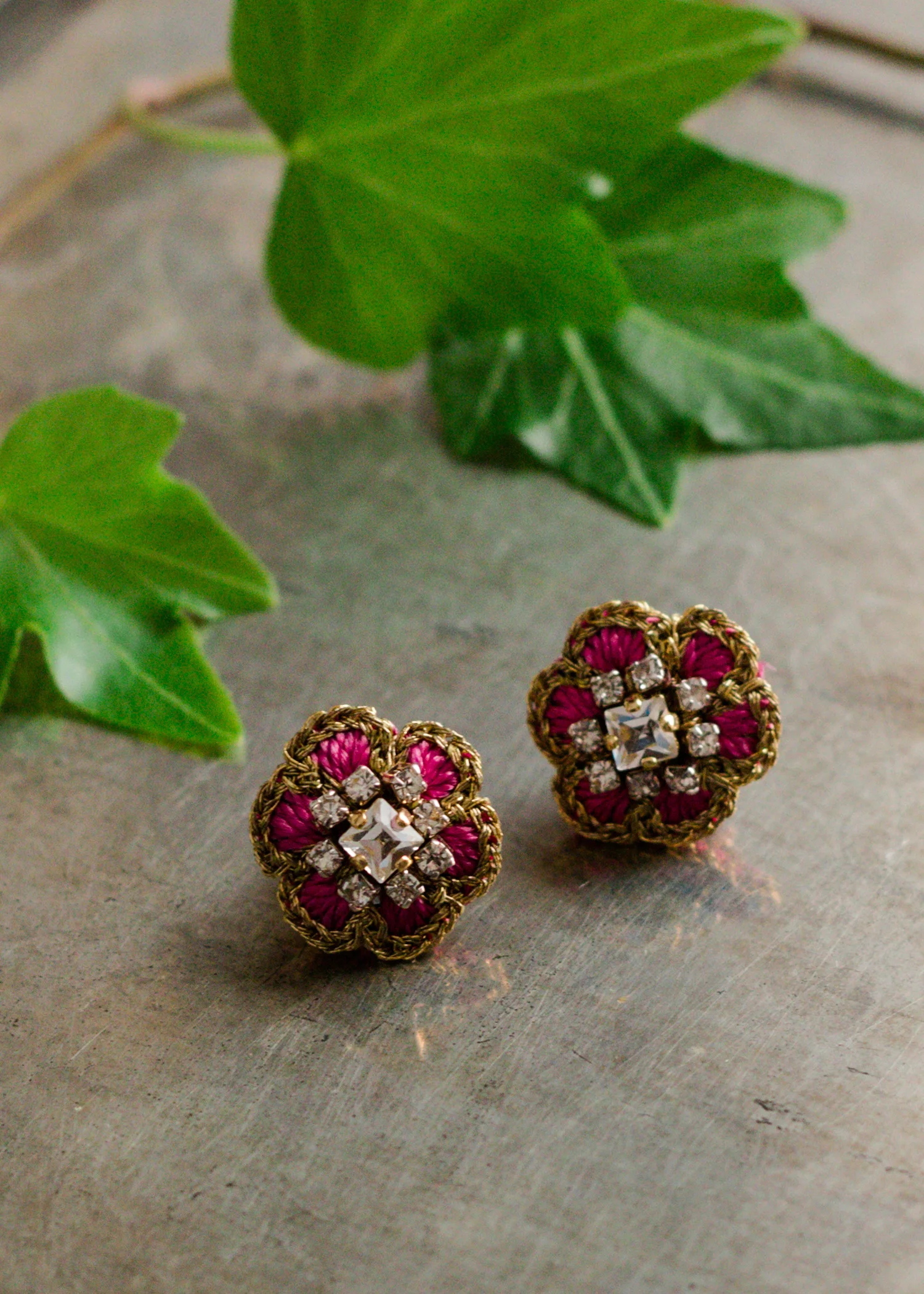 Small Flower Stud Earrings | Fuchsia Pink, Gold