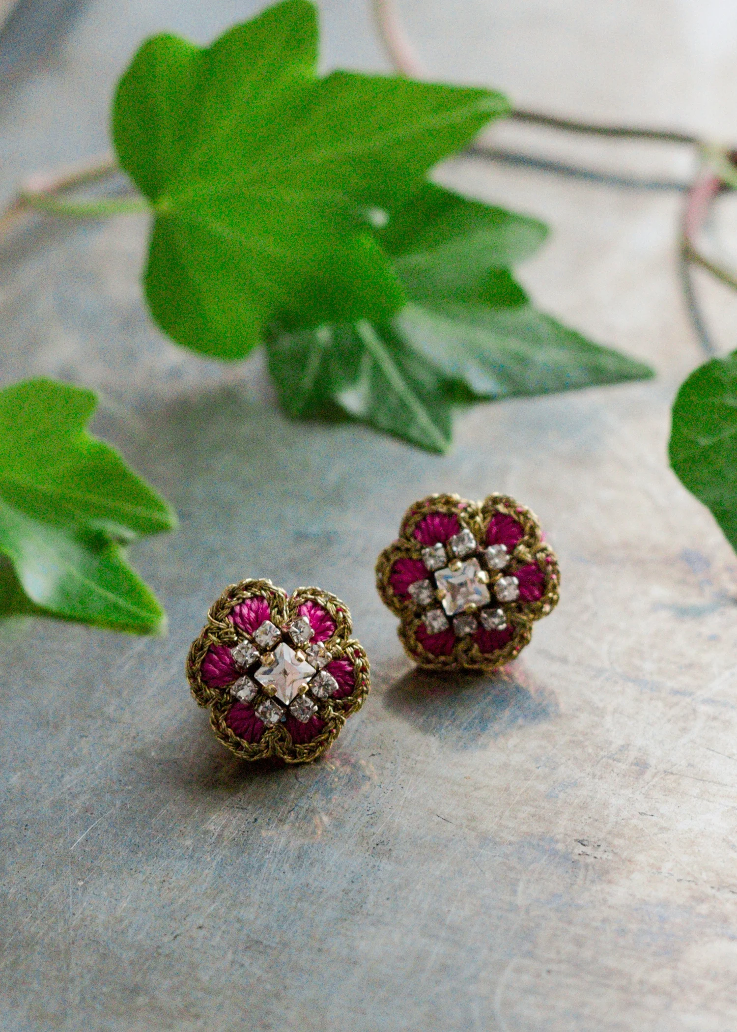 Small Flower Stud Earrings | Fuchsia Pink, Gold