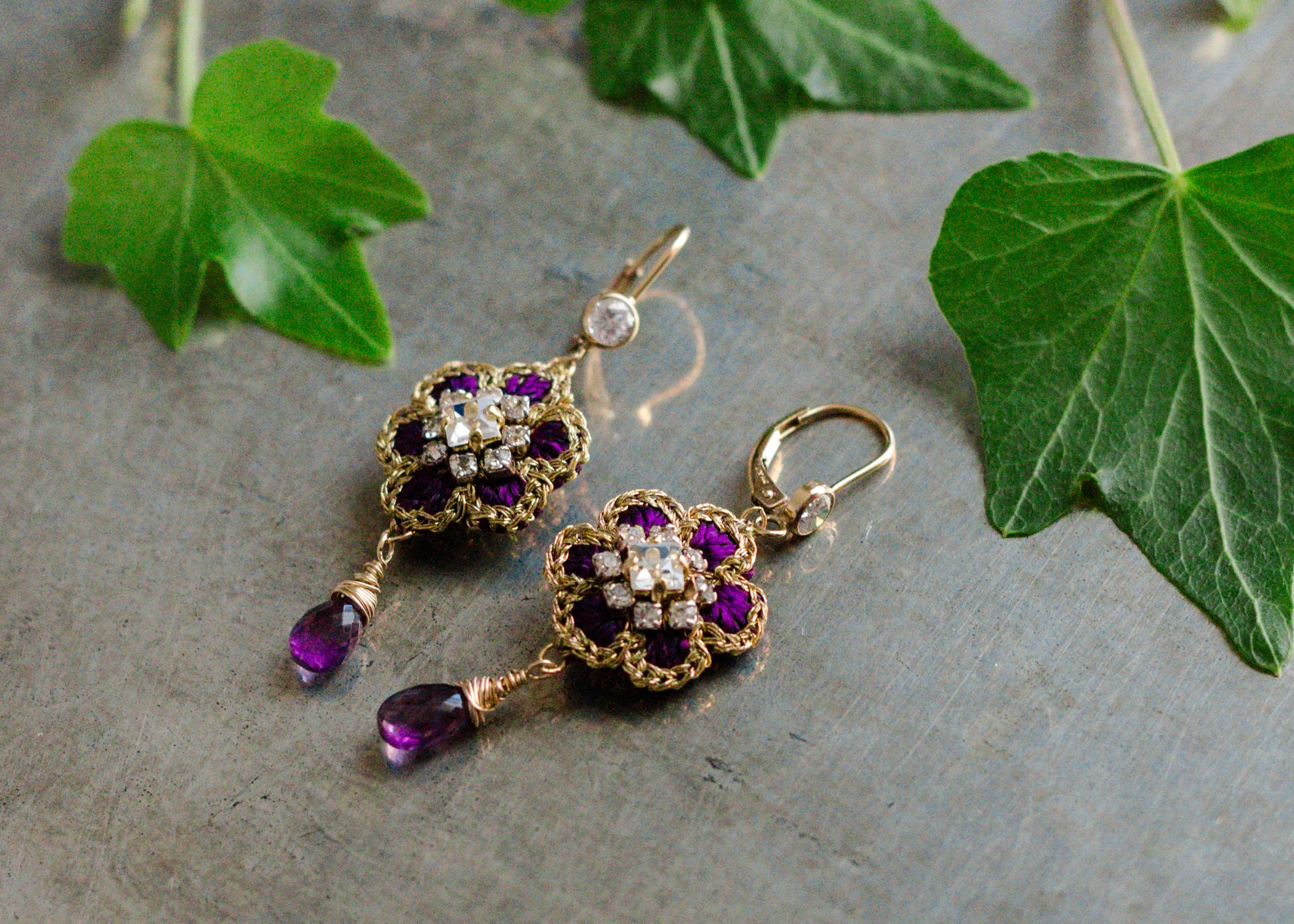Small Flower Drop Earrings | Gold, Purple, Amethyst